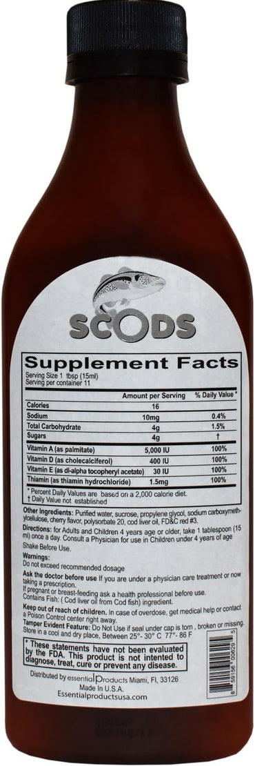 Emulsión de Scods Cereza Aceite de Hígado de Bacalao Emulsión Cereza 6.8 fl oz Vitamina A + D + E y B1 - La Tiendita de la Jose