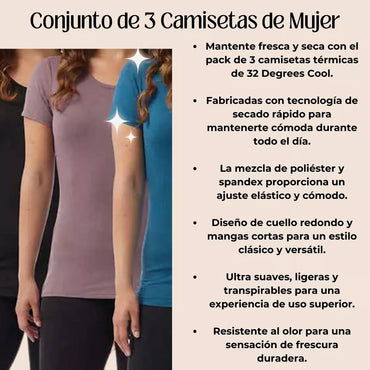 Camiseta Mujer Stretch Comfort 32 Degrees Cool Pack De 3 - La Tiendita de la Jose