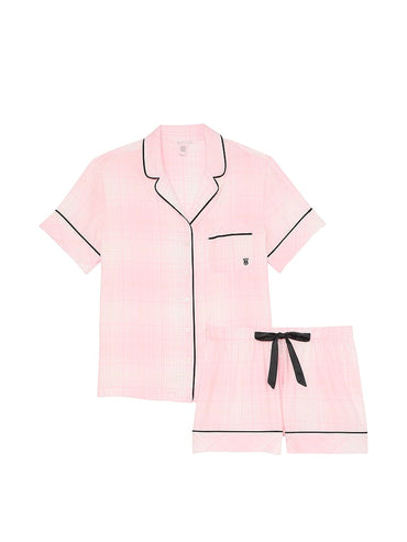 Conjunto de pijama corto de franela rosa con cuadros blancos y flores bonitas - La Tiendita de la Jose