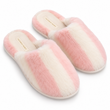 Pantuflas Victoria’s Secret rosadas y blancas, vista en ángulo