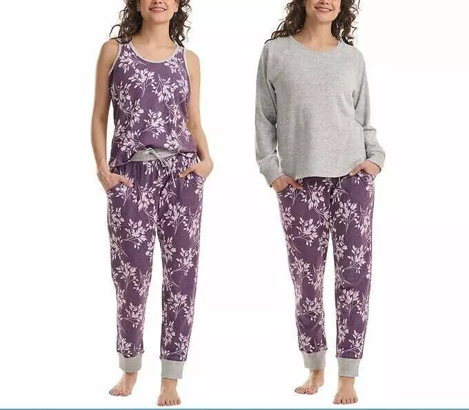 Juego de pijama salón Live Love Lounge para mujer de 3 piezas, gris HR/Ciruela Flrl, - La Tiendita de la Jose