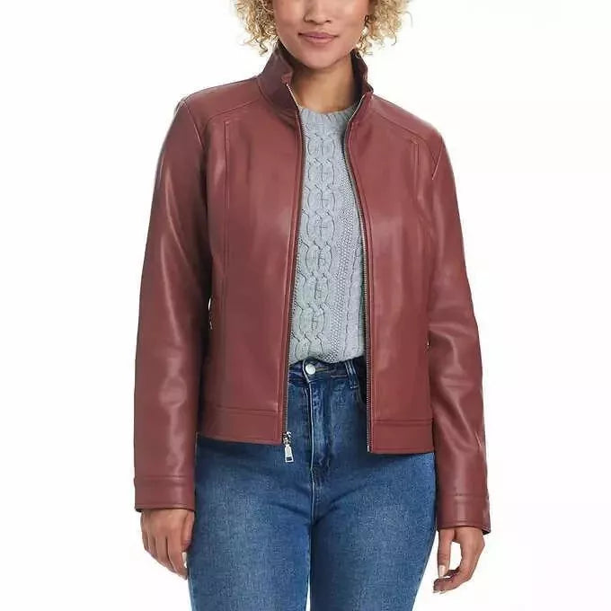 Chaqueta de mujer Vince Camuto de imitación de cuero con bolsillos de manga larga, rosa, - La Tiendita de la Jose