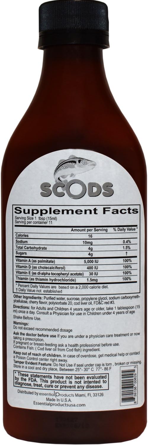 Emulsión de Scods Cereza Aceite de Hígado de Bacalao Emulsión Cereza 6.8 fl oz Vitamina A + D + E y B1 - La Tiendita de la Jose