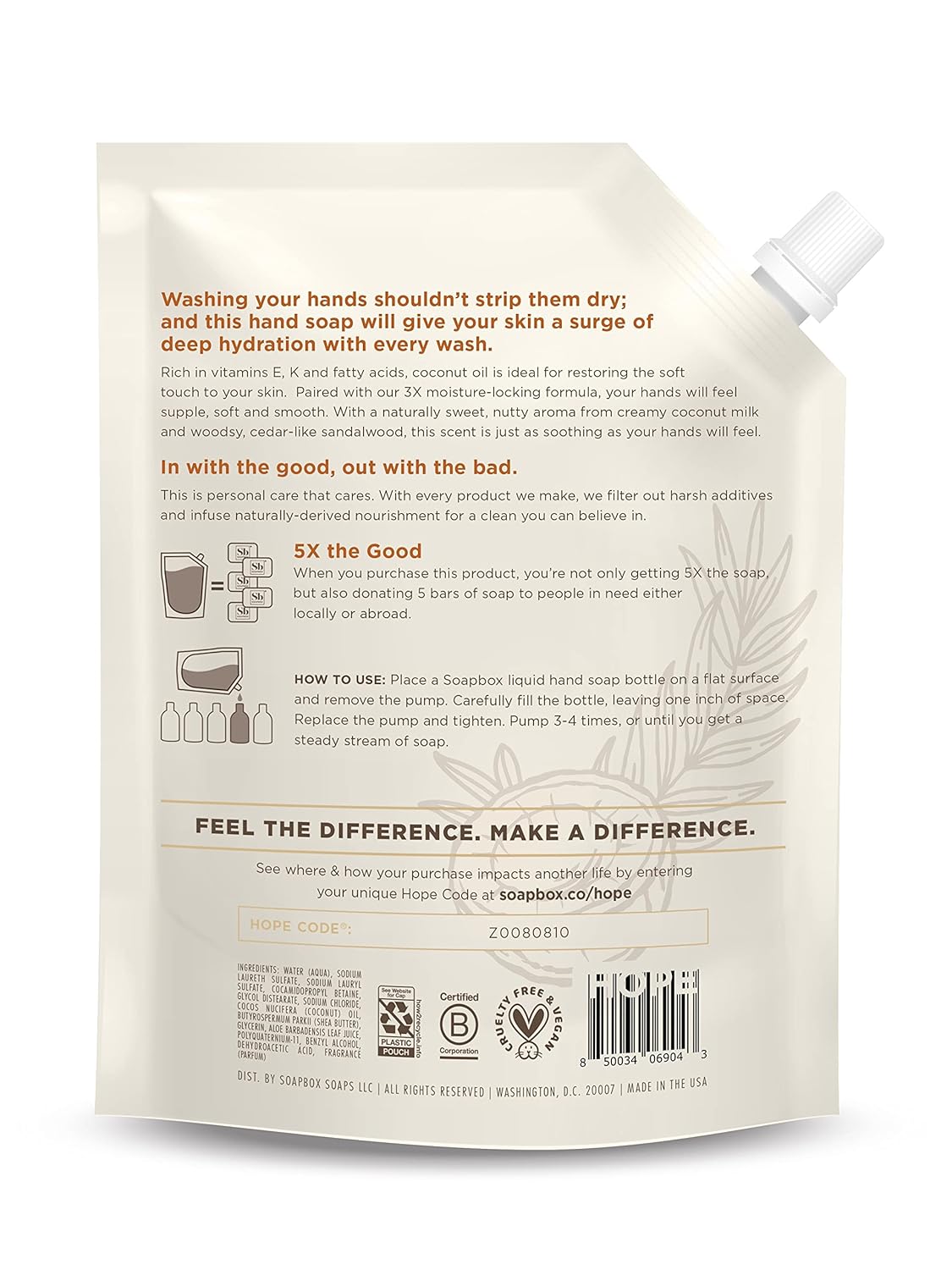 Soapbox Repuesto de jabón líquido de manos, leche de coco y sándalo - La Tiendita de la Jose