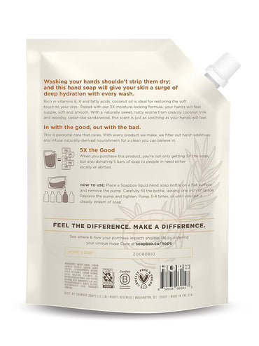 Soapbox Repuesto de jabón líquido de manos, leche de coco y sándalo - La Tiendita de la Jose