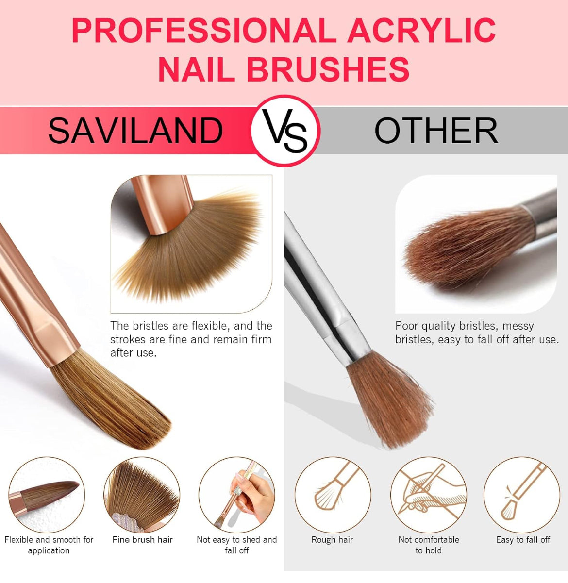 Juego de 7 pinceles acrílicos para uñas color oro rosa - La Tiendita de la Jose