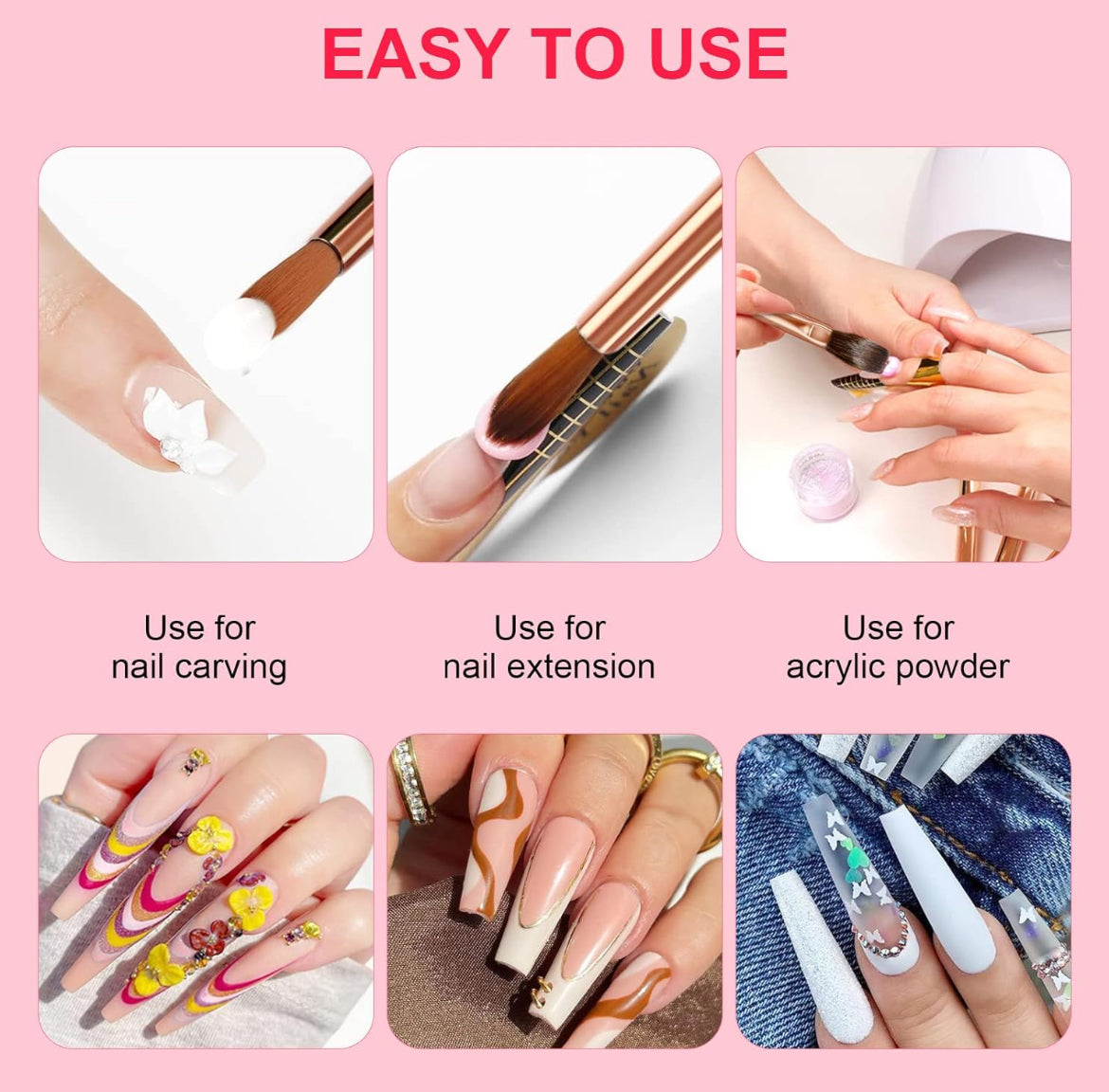 Juego de 7 pinceles acrílicos para uñas color oro rosa - La Tiendita de la Jose