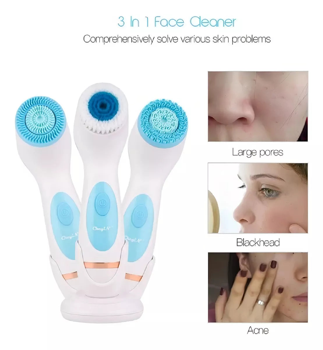Cepillo Limpieza Facial Celeste Masajeador Silicona 3 En 1 - La Tiendita de la Jose