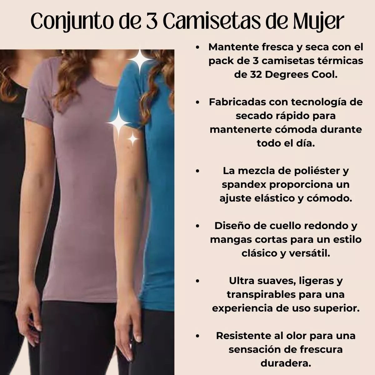 Camiseta Mujer Stretch Comfort 32 Degrees Cool Pack De 3 - La Tiendita de la Jose