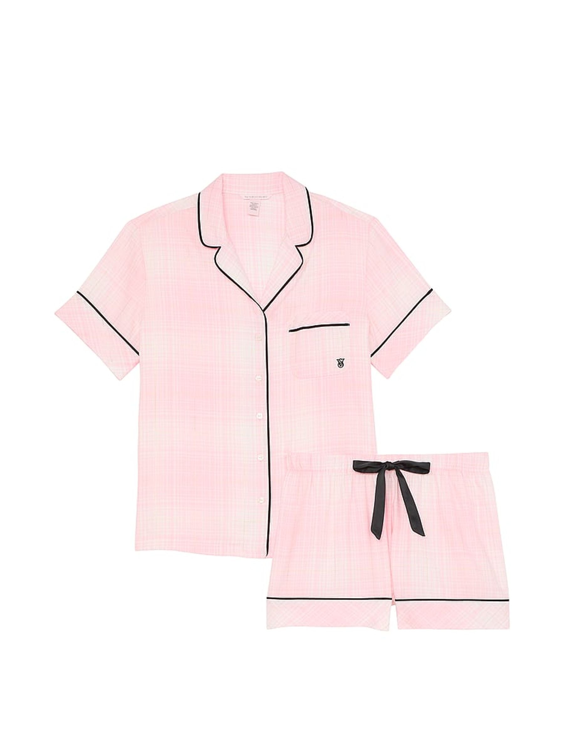 Conjunto de pijama corto de franela rosa con cuadros blancos y flores bonitas - La Tiendita de la Jose