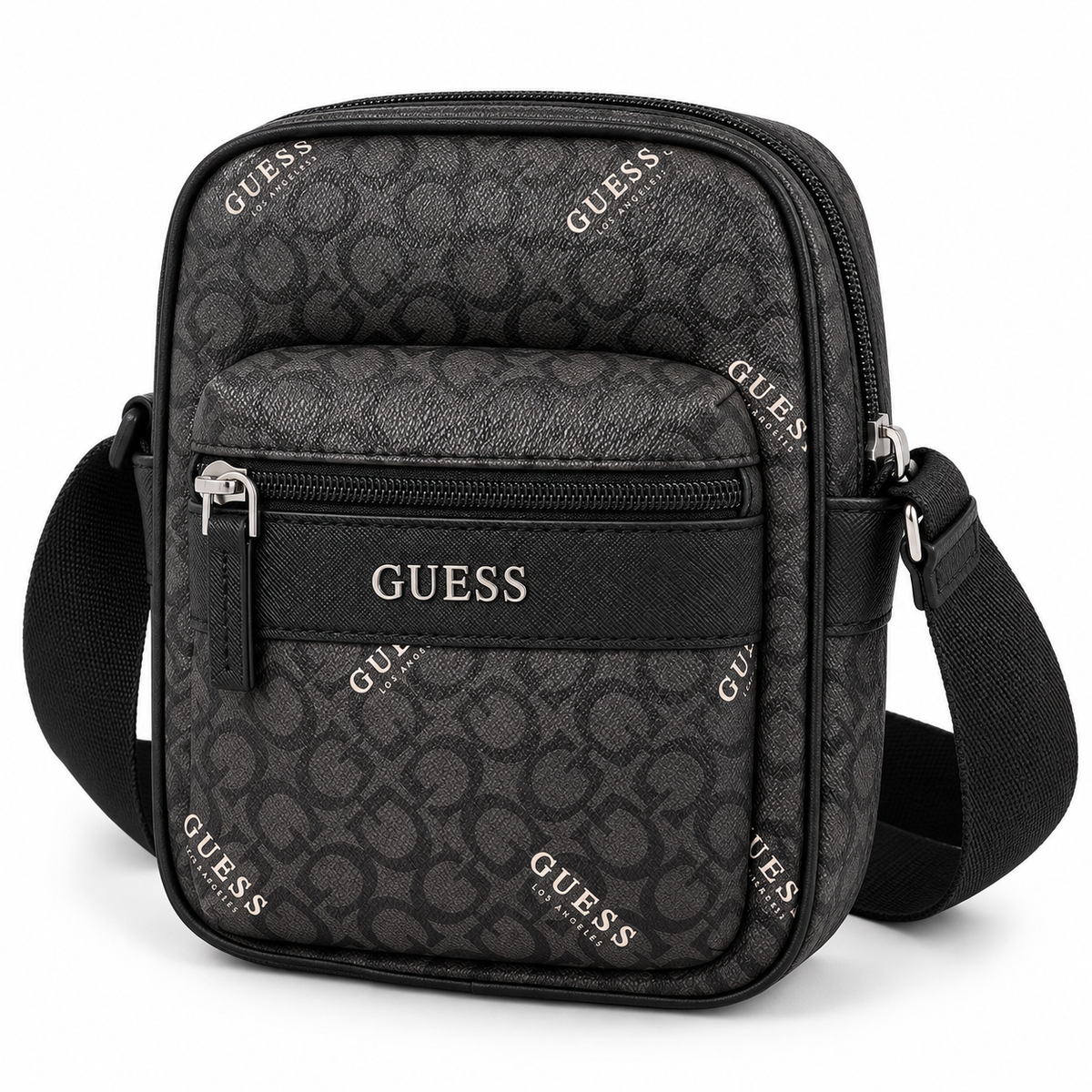 Bolso Guess de hombre, vista en ángulo del bolsillo frontal y cierre principal