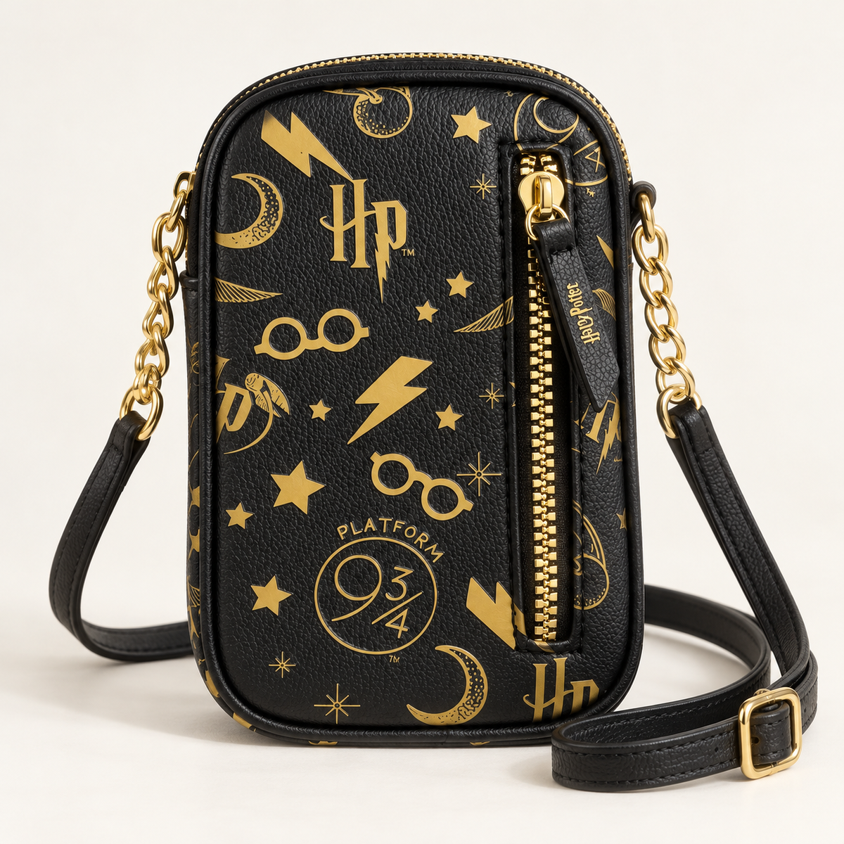 Bolso Harry Potter negro con estampado dorado y cadena