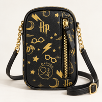 Bolso Harry Potter negro con estampado dorado y cadena