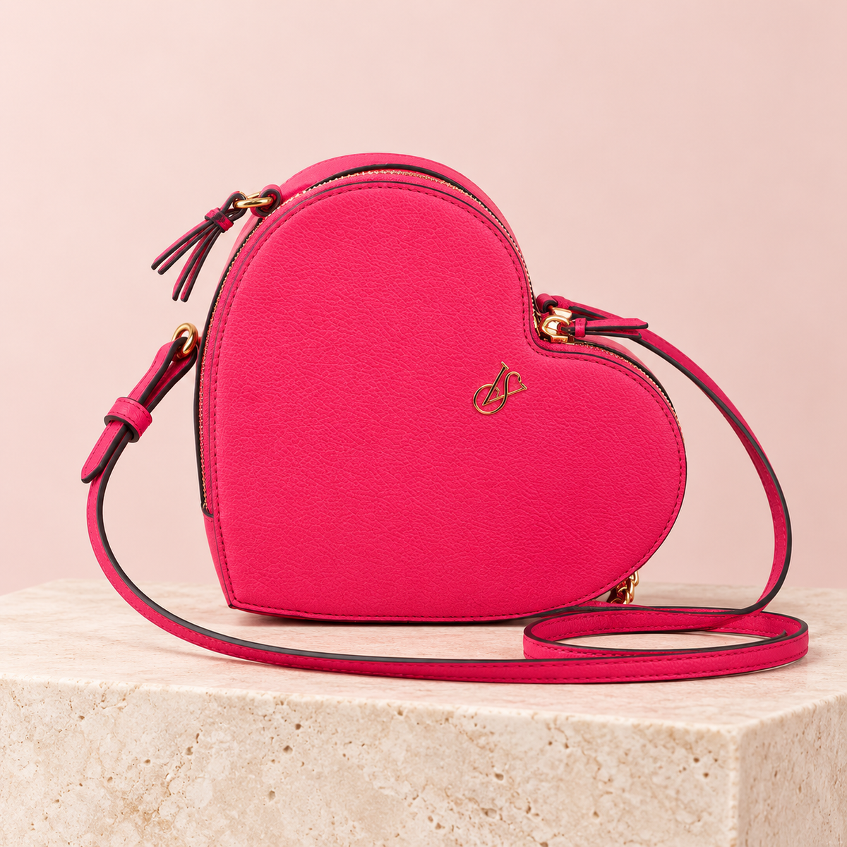 Cartera corazón Victoria’s Secret fucsia con cierre superior y correa larga, vista frontal.