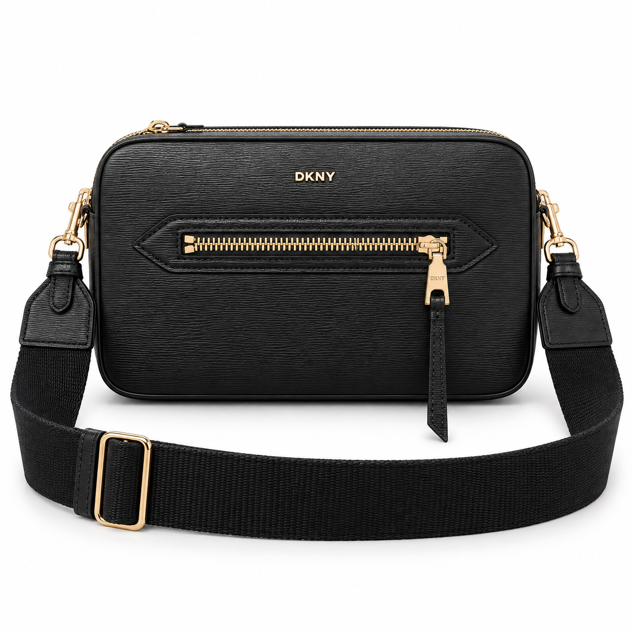 Crossbody DKNY negro con cierre dorado, vista frontal
