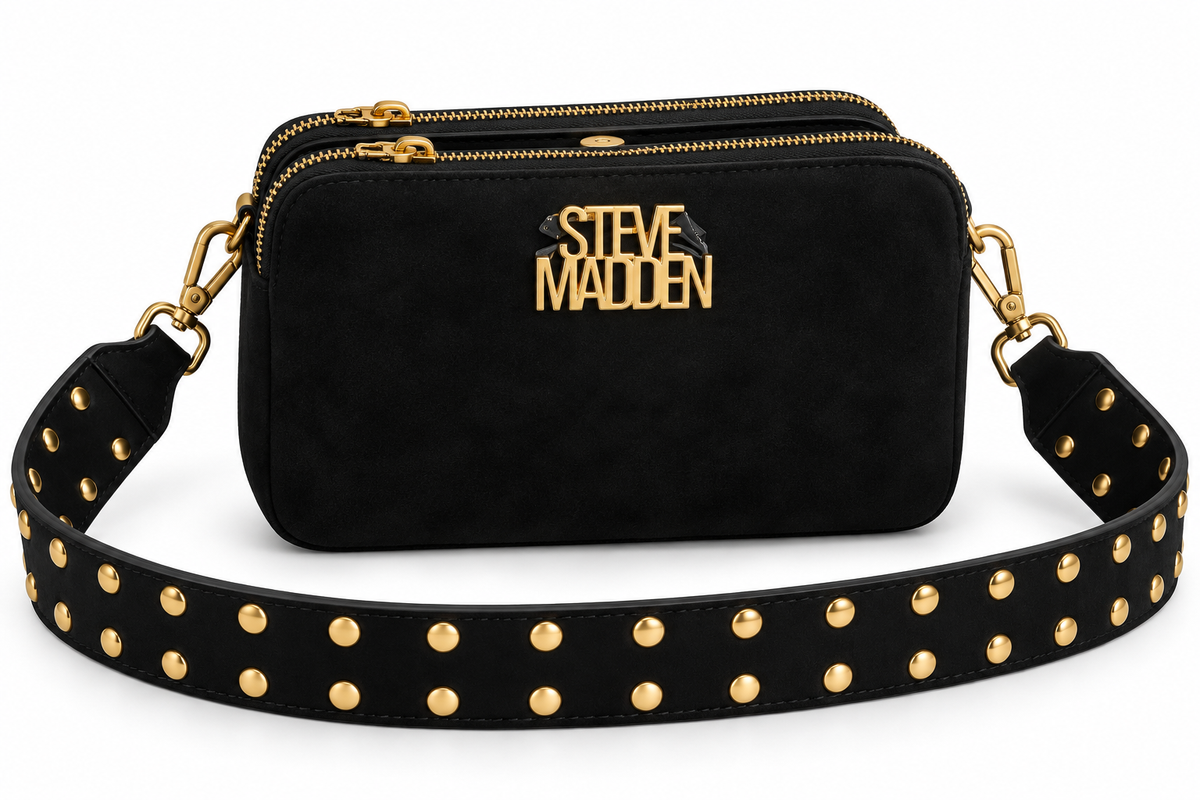 Crossbody Steve Madden negro agamuzado con correa de tachas doradas