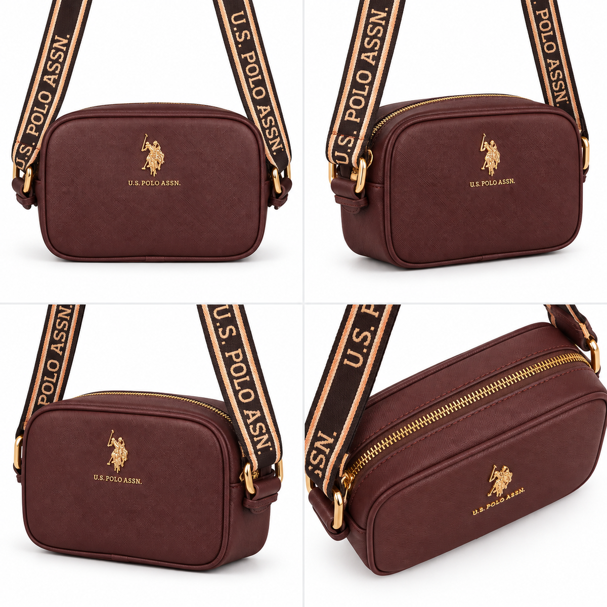 Crossbody U.S. Polo Assn.: cuatro vistas del bolso y cierre superior