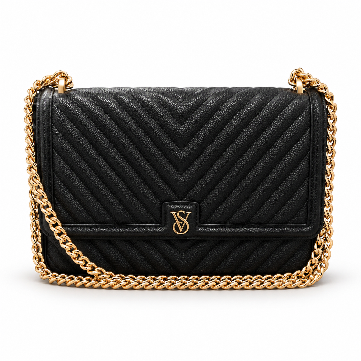 Crossbody Victoria's Secret negra acolchada con cadena dorada