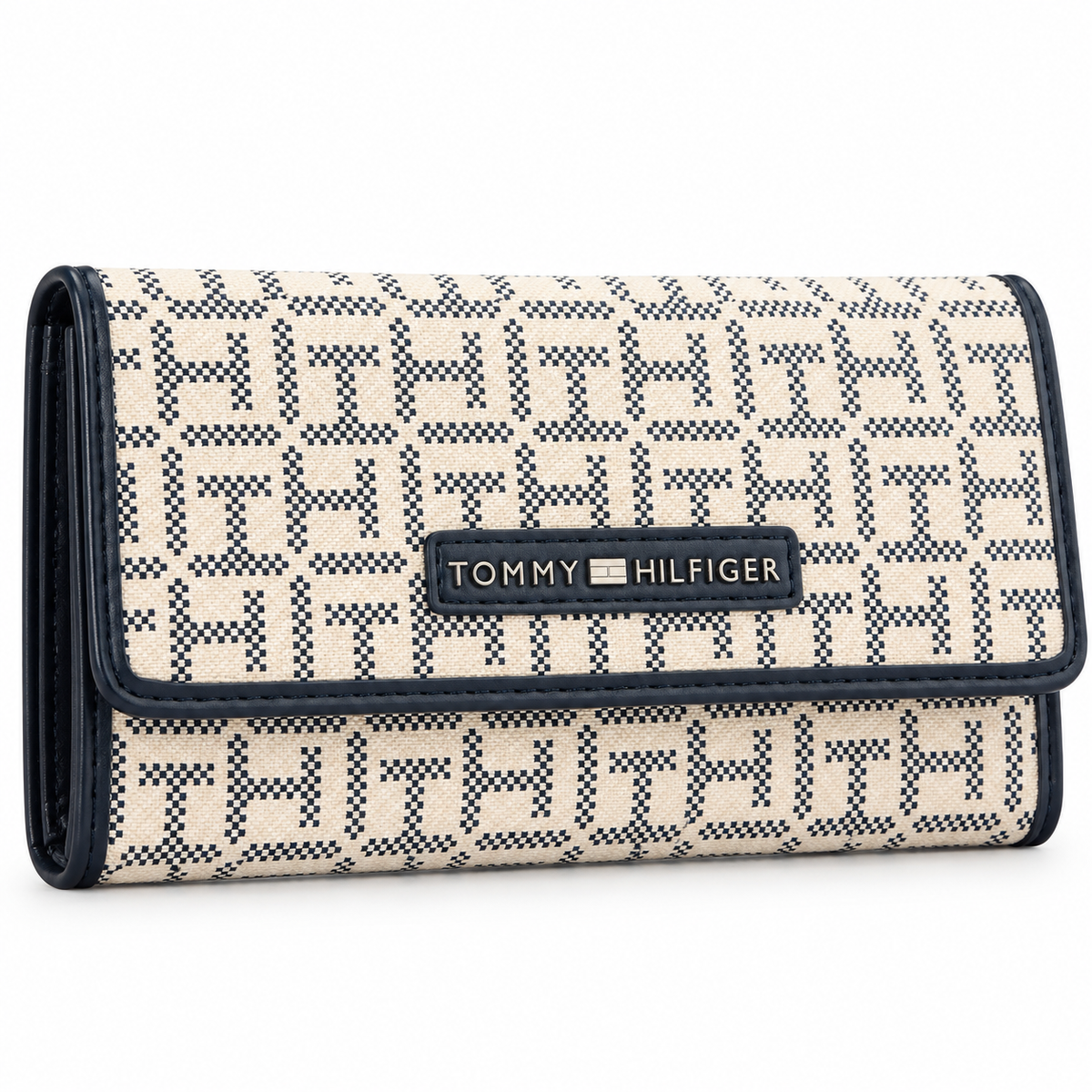 Billetera Tommy Hilfiger estilo chequera con monograma crema y azul