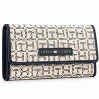 Billetera Tommy Hilfiger estilo chequera con monograma crema y azul