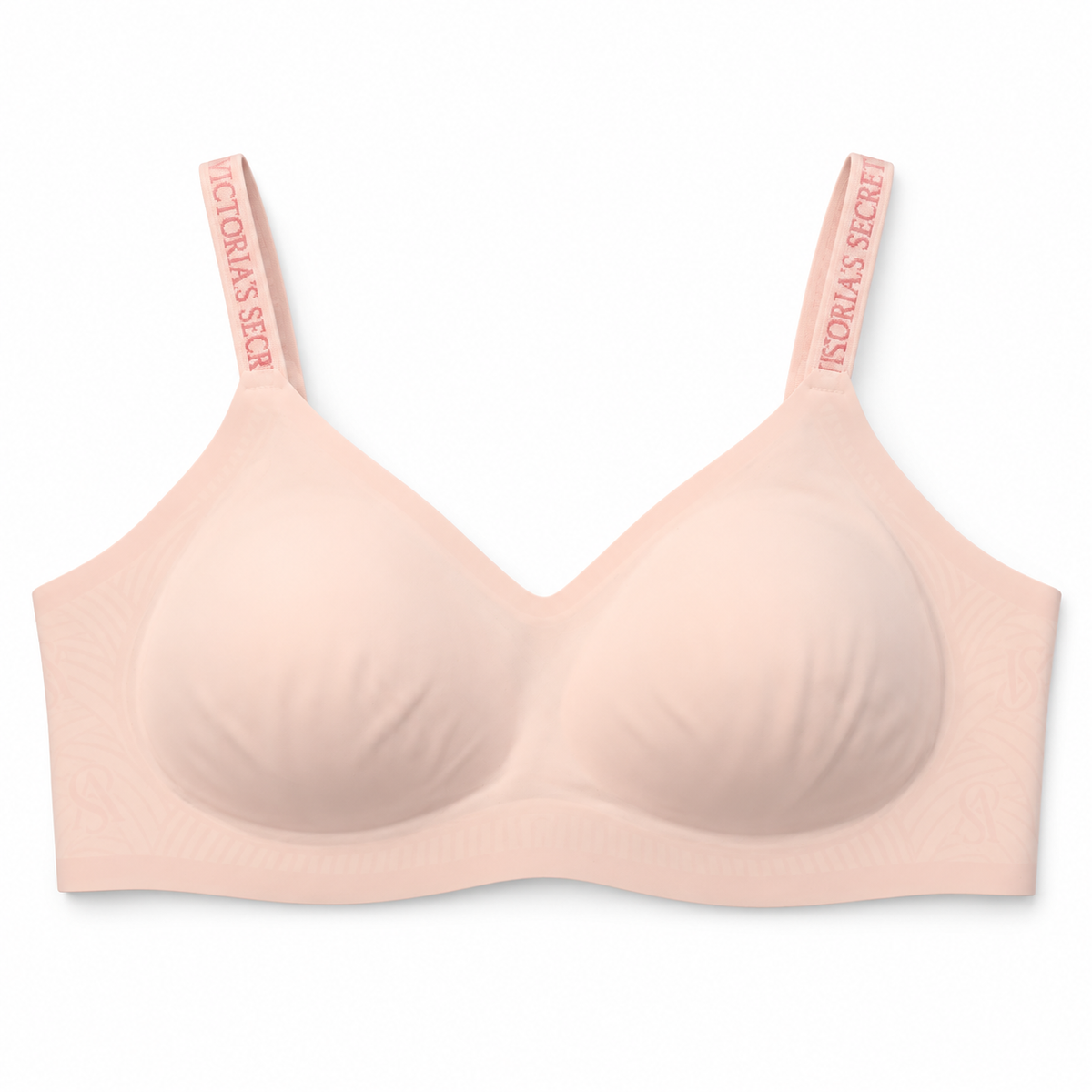 Sostén Victoria’s Secret rosado claro con tirantes de logo sobre fondo blanco