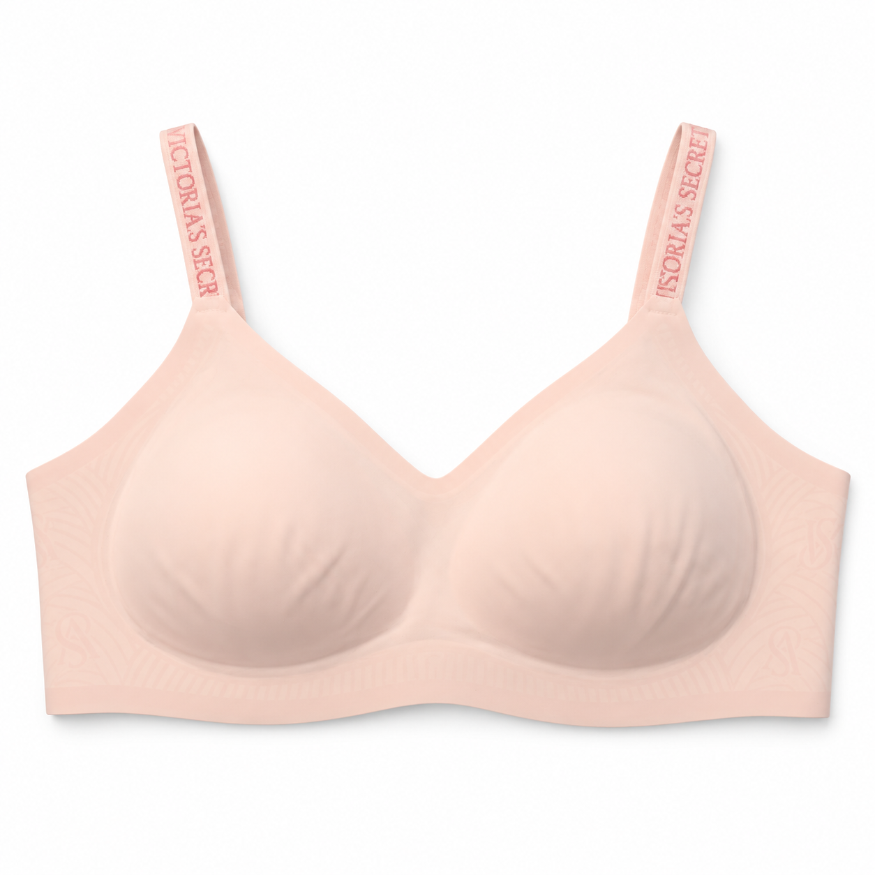 Sostén Victoria’s Secret rosado claro con tirantes de logo sobre fondo blanco