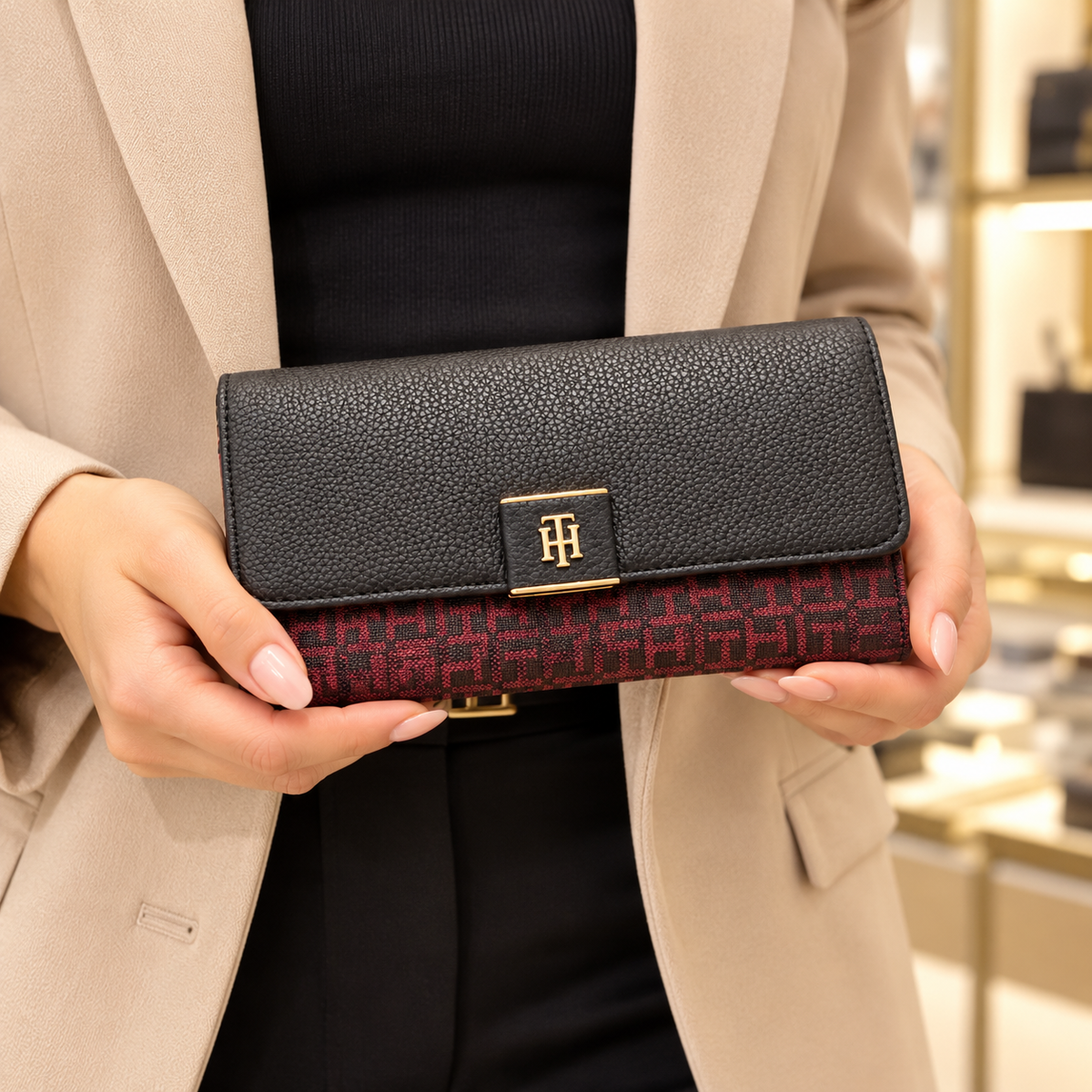 Mujer usando billetera Tommy Hilfiger burdeos y negra