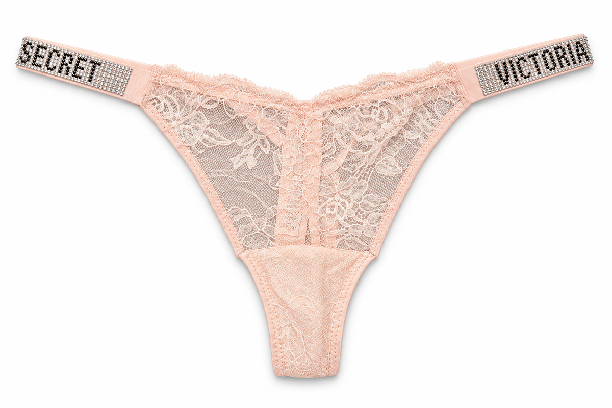 Calzón Victoria’s Secret de encaje rosado con brillos, vista frontal