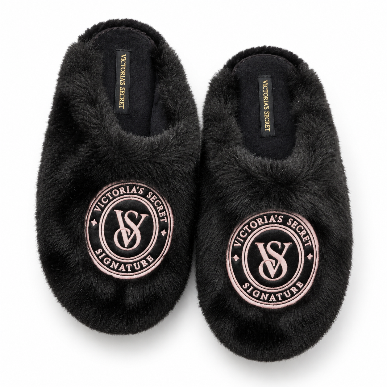 Pantuflas Victoria’s Secret negras con bordado rosado, vista superior