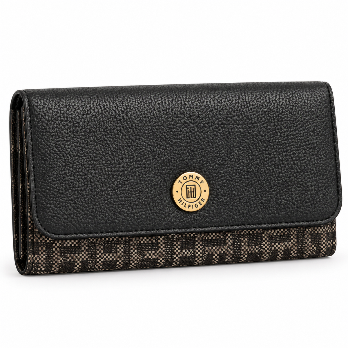 Billetera Tommy Hilfiger negra con monograma y emblema dorado