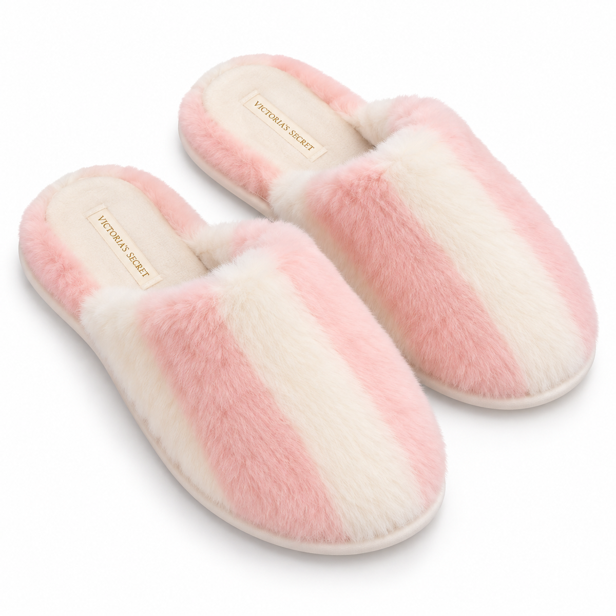 Pantuflas Victoria’s Secret rosadas y blancas, vista en ángulo