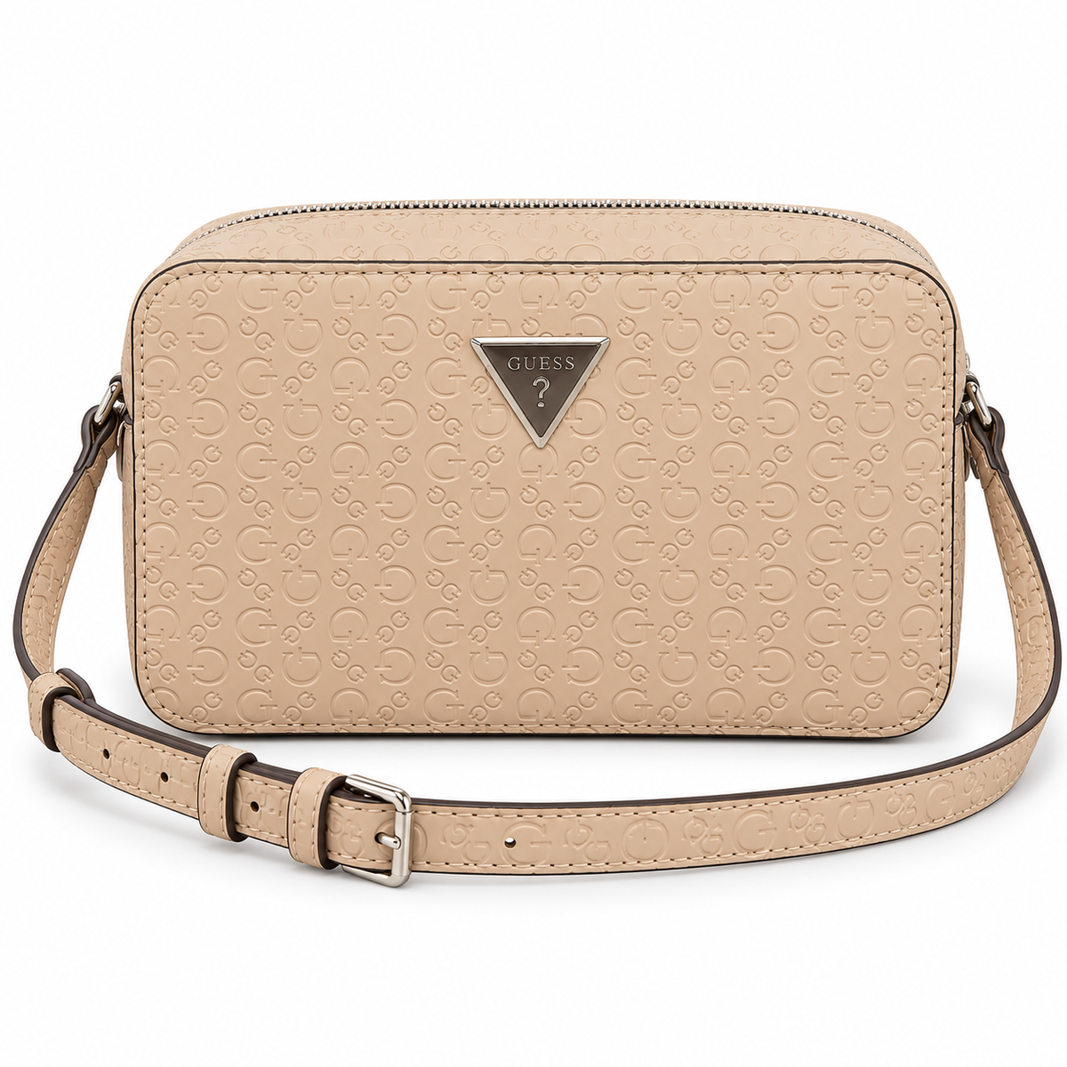 Crossbody Guess beige monograma vista frontal