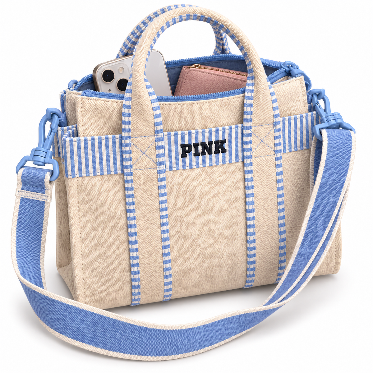 Mini tote PINK beige y azul con celular y billetera; accesorios ilustrativos no incluidos