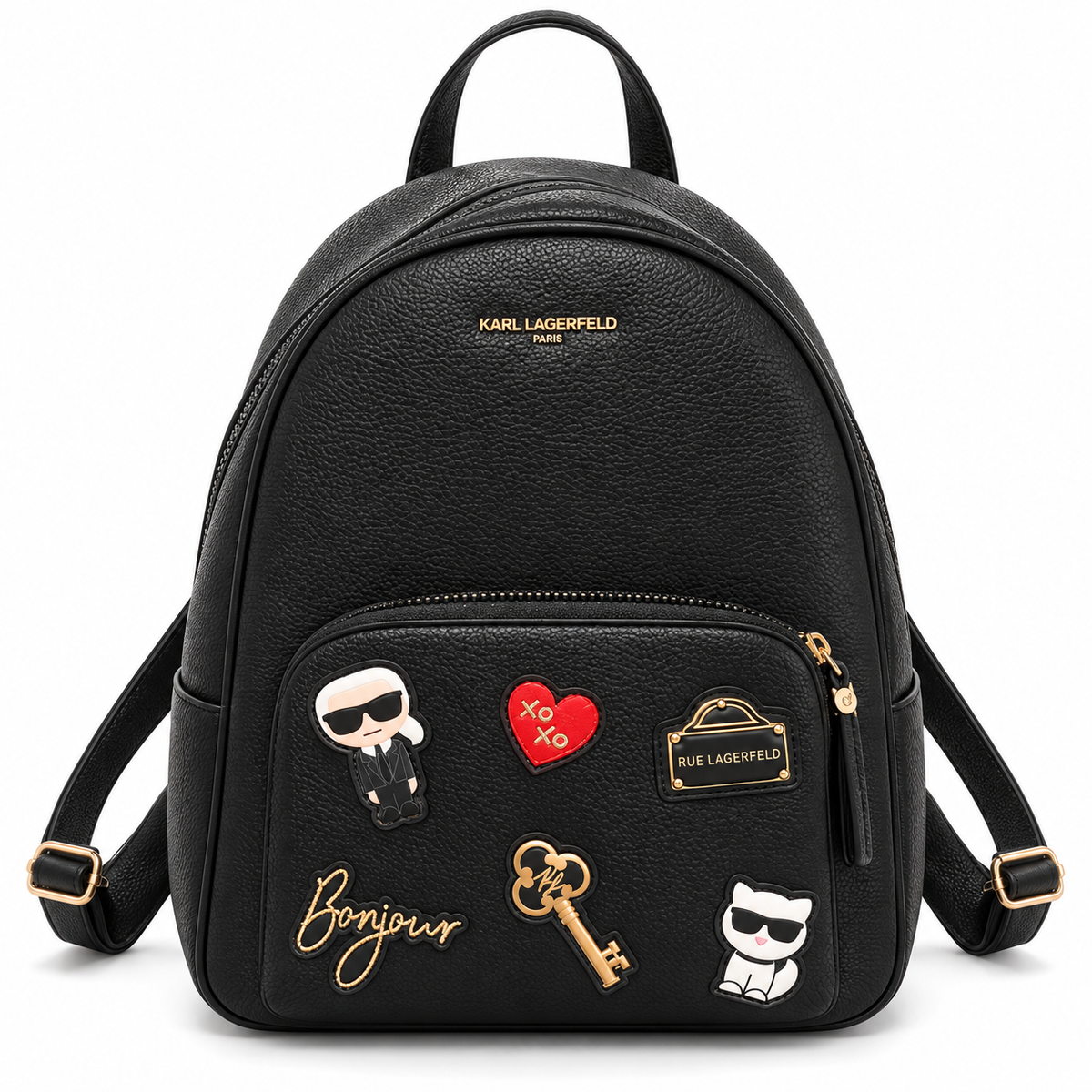Mochila Karl Lagerfeld negra con apliques, vista frontal