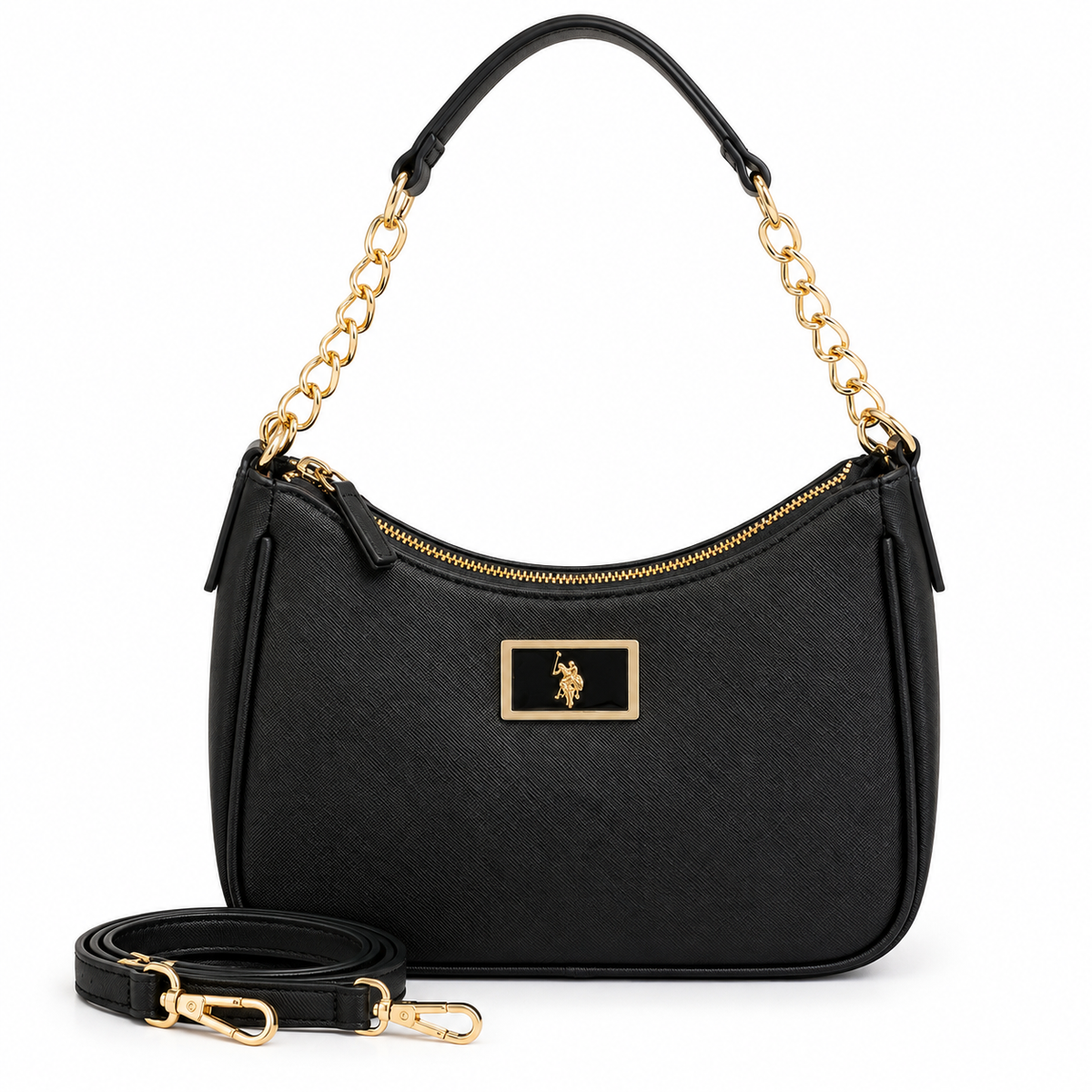 Cartera U.S. Polo Assn. negra de frente con correa larga