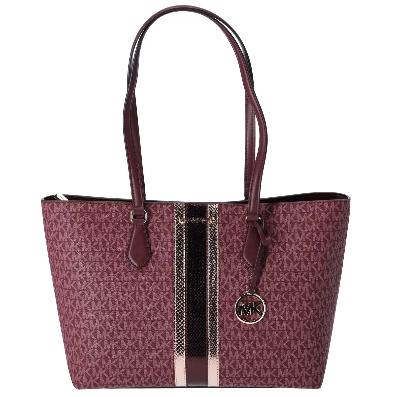 Bolso de Mano Michael Kors Sheila Grande Firma Logo Rayas Sangre de Buey MK Metálico - La Tiendita de la Jose
