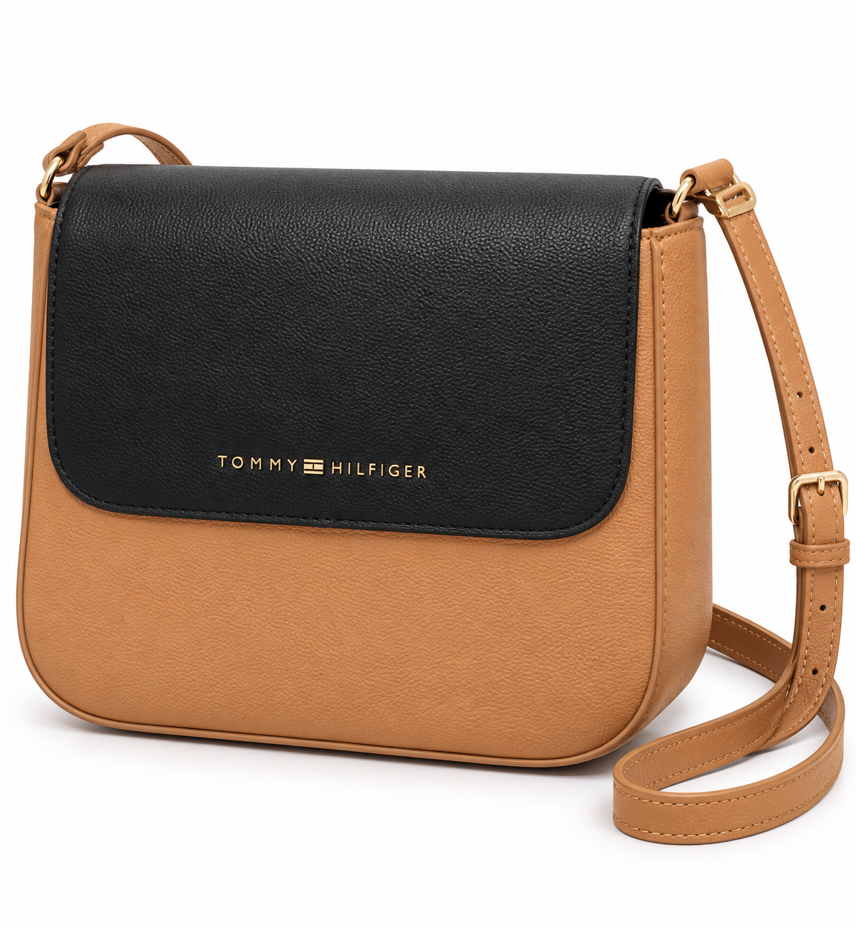 Cartera Tommy camel con solapa negra: frente