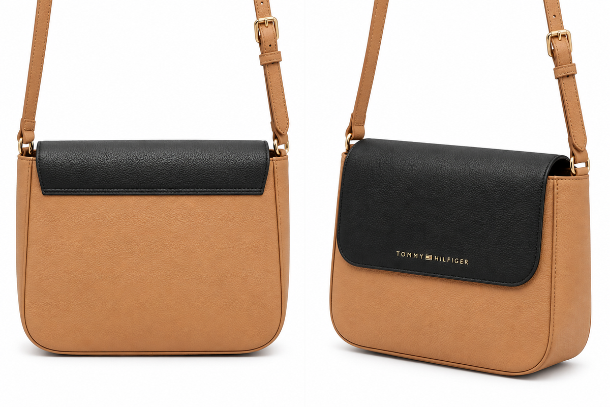 Cartera Tommy camel con solapa negra: vistas