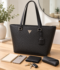 Tote Guess sobre una mesa con objetos cotidianos de referencia