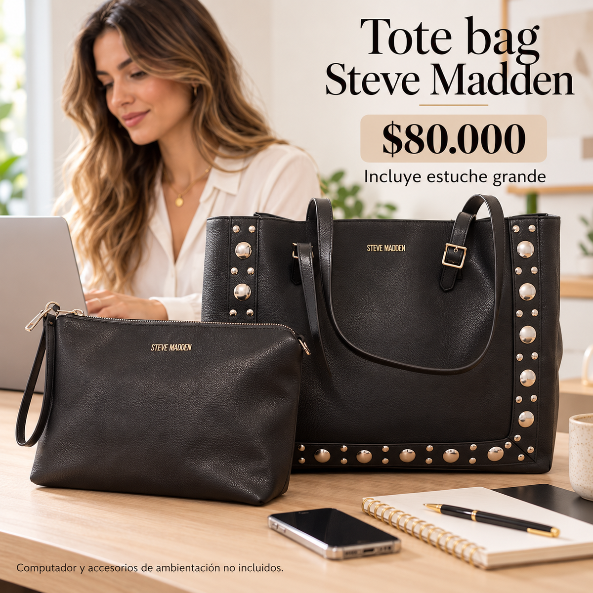 Tote Steve Madden con estuche en escena de escritorio; computador no incluido