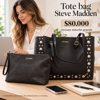 Tote Steve Madden con estuche en escena de escritorio; computador no incluido